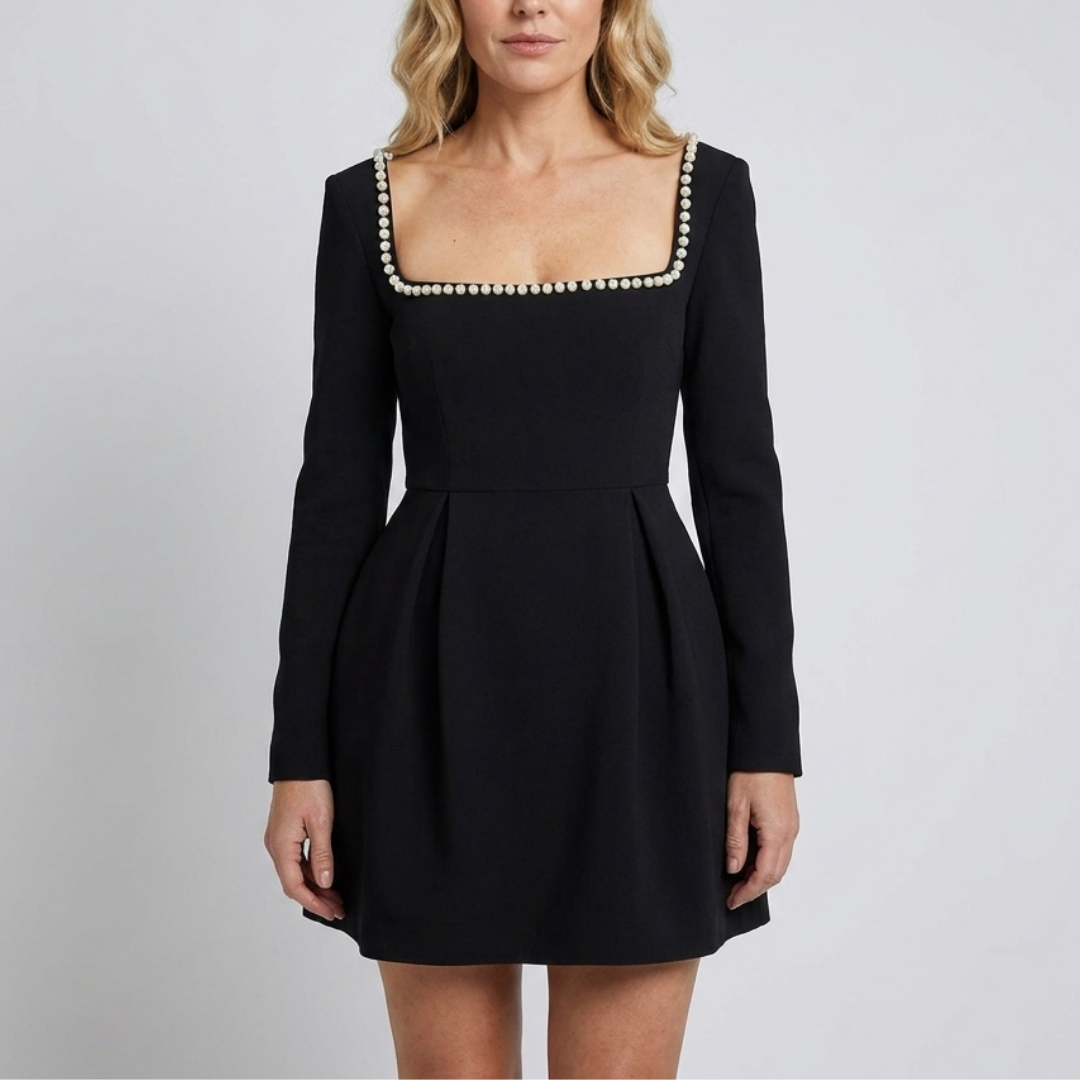 Women's mini dress with pearl trim and long sleeves