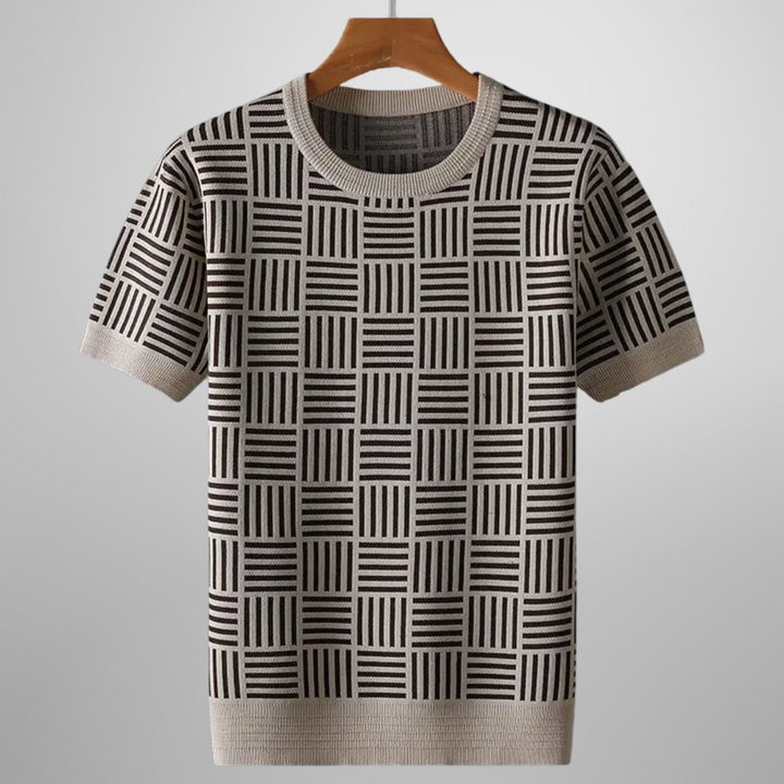 Women's Knitted Geometric Pattern T-Shirt with Crew Neck