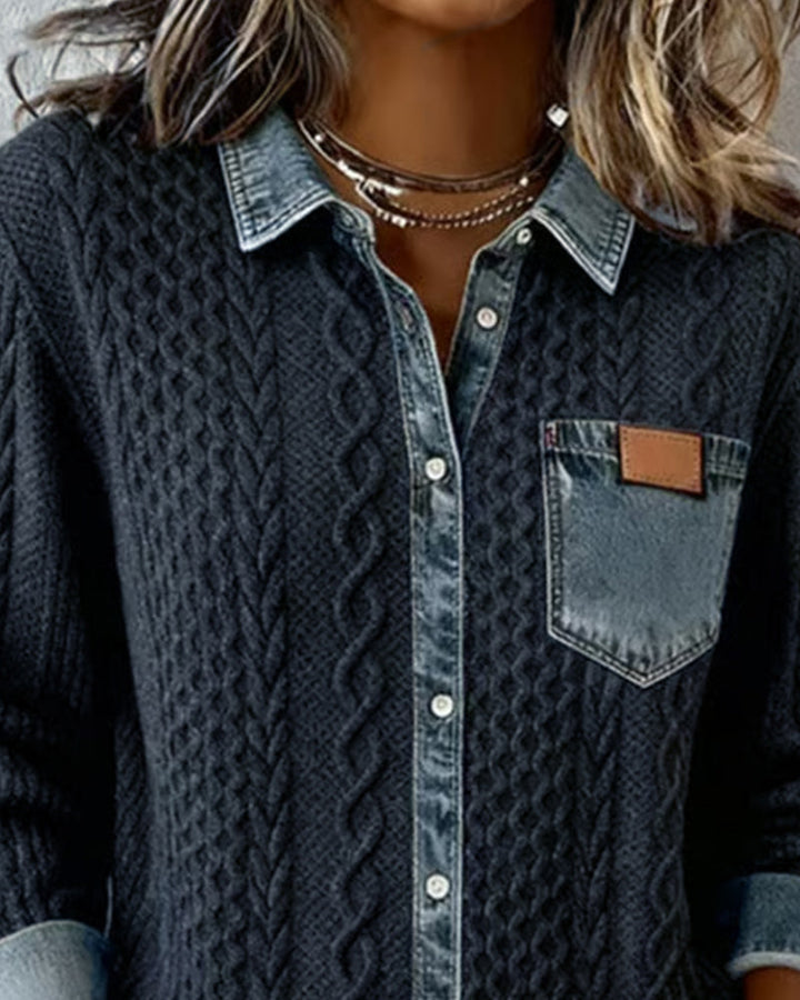 Long-sleeved shirt with denim patchwork