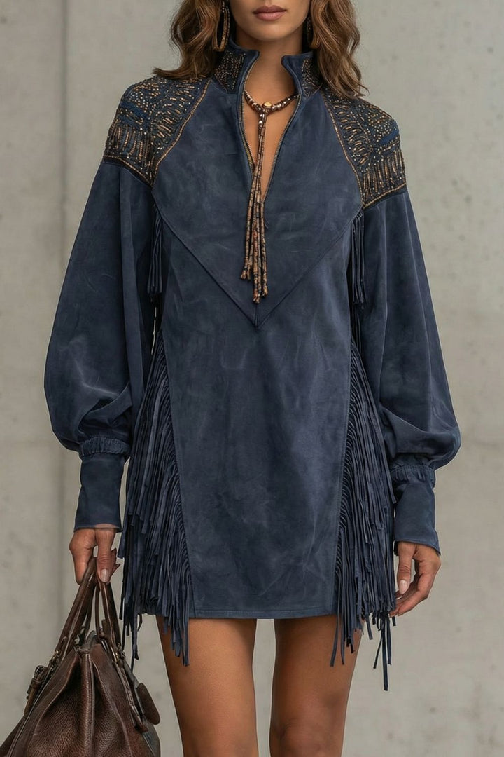 Women's Mini Dress with Embroidery and Fringe Details