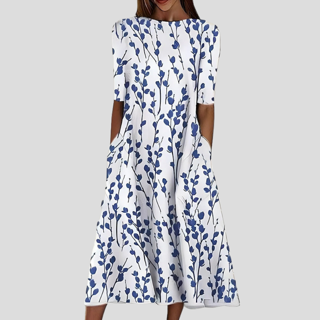 Floral Midi Dress with Round Neck