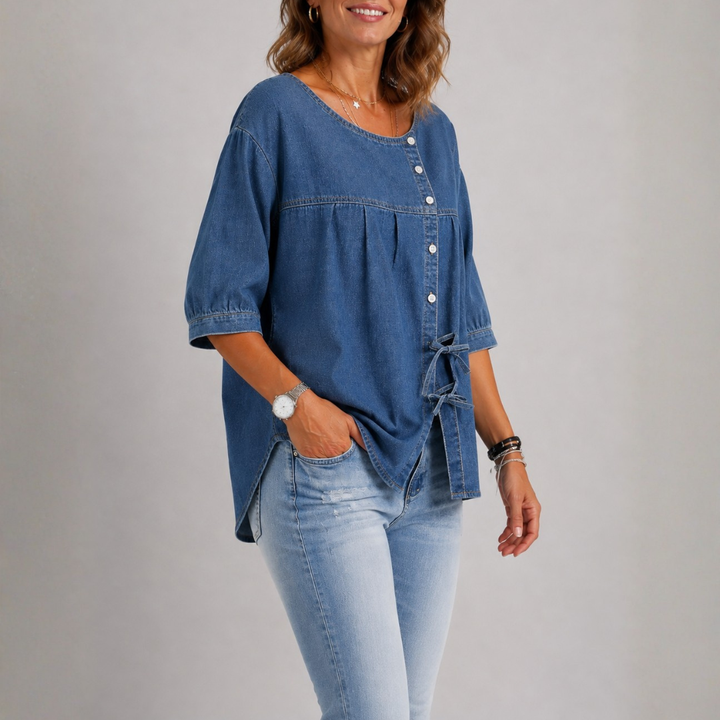 Løs denimbluse i vintagestil til kvinder