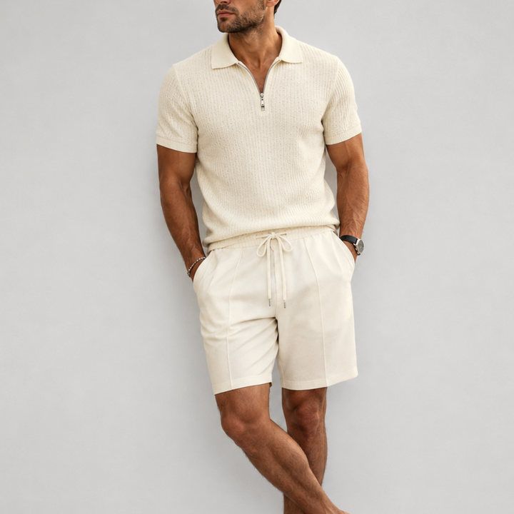 Textured polo shirt with zipper and shorts set for men