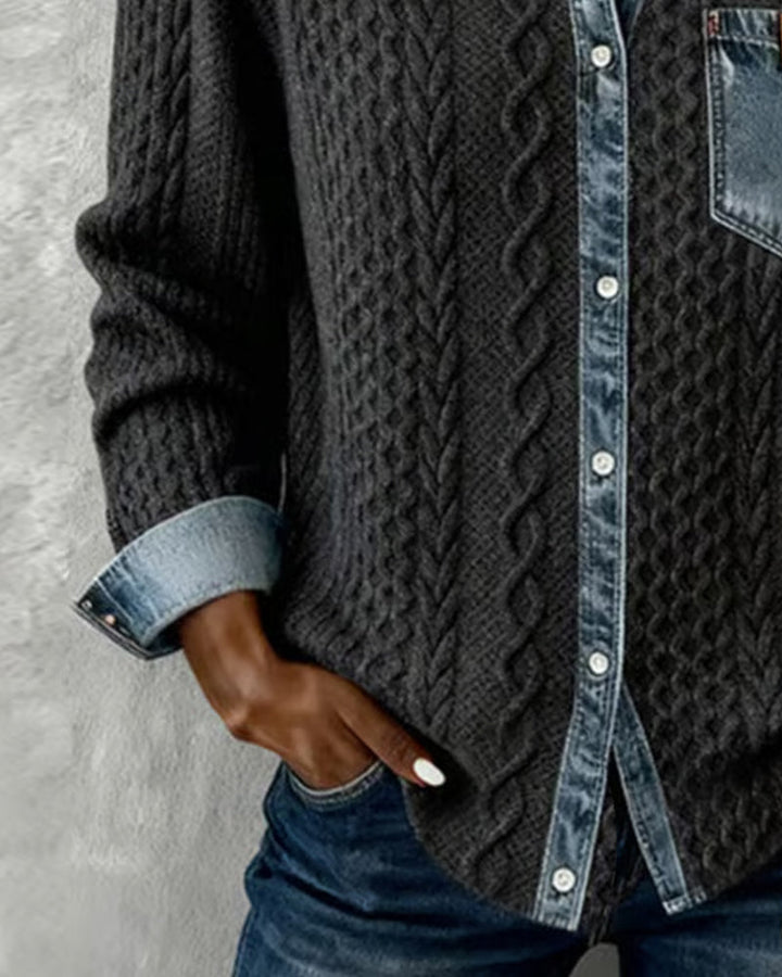 Long-sleeved shirt with denim patchwork