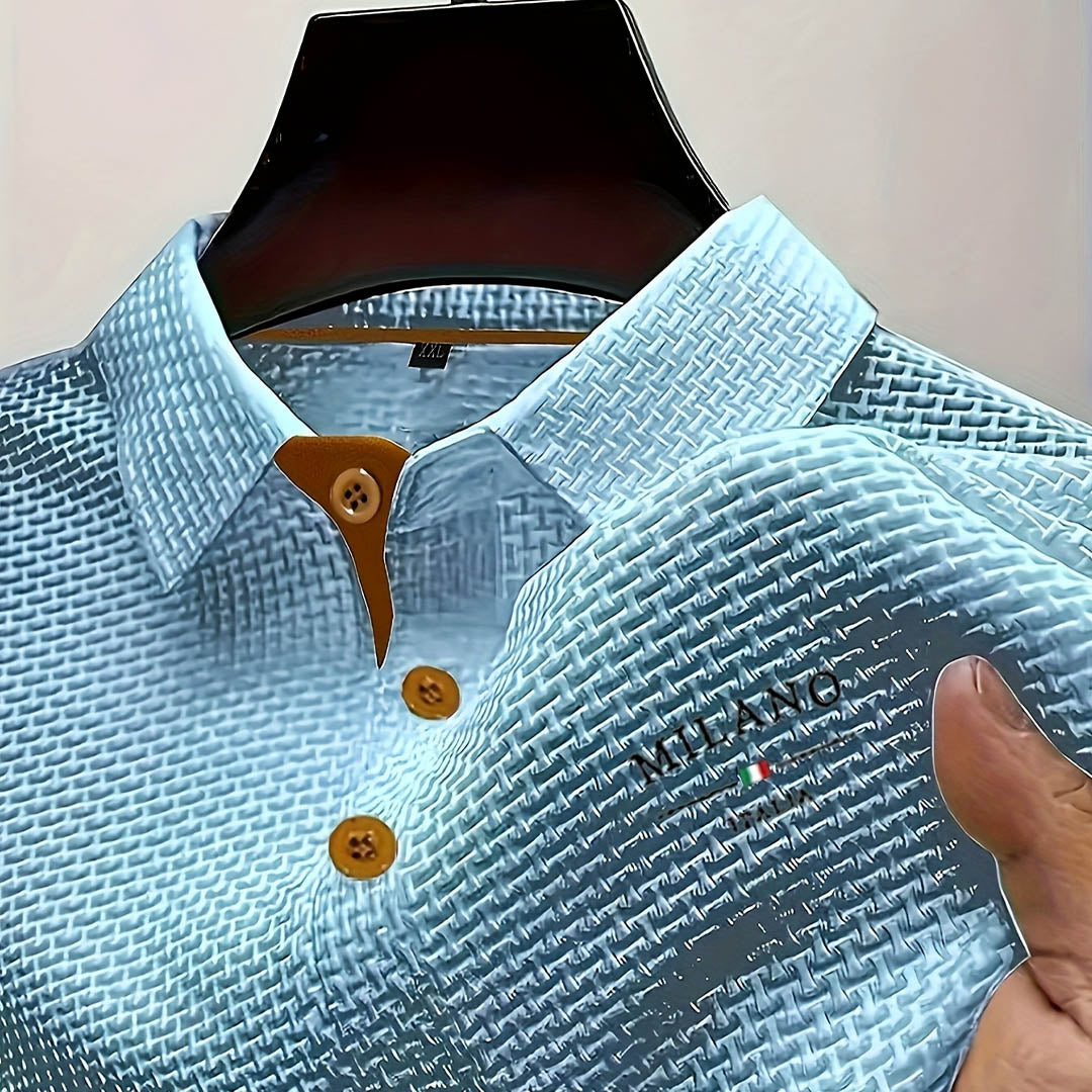 Herre-poloshirt i struktureret vævet stof med knaplukning