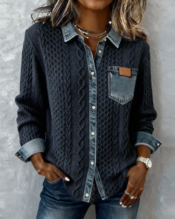 Long-sleeved shirt with denim patchwork