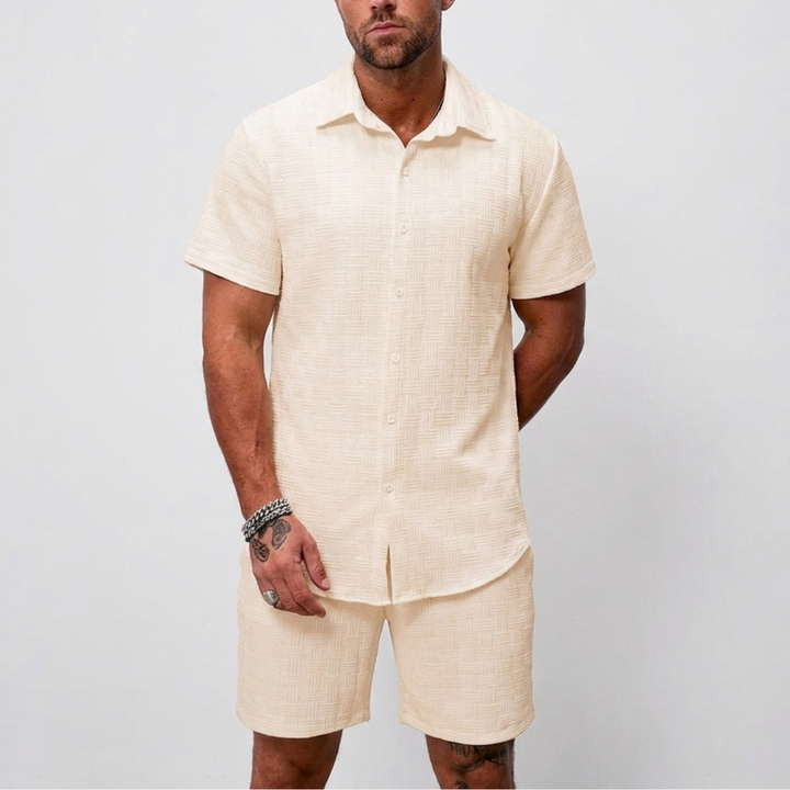Two-piece jacquard set with a short-sleeved shirt and shorts for men