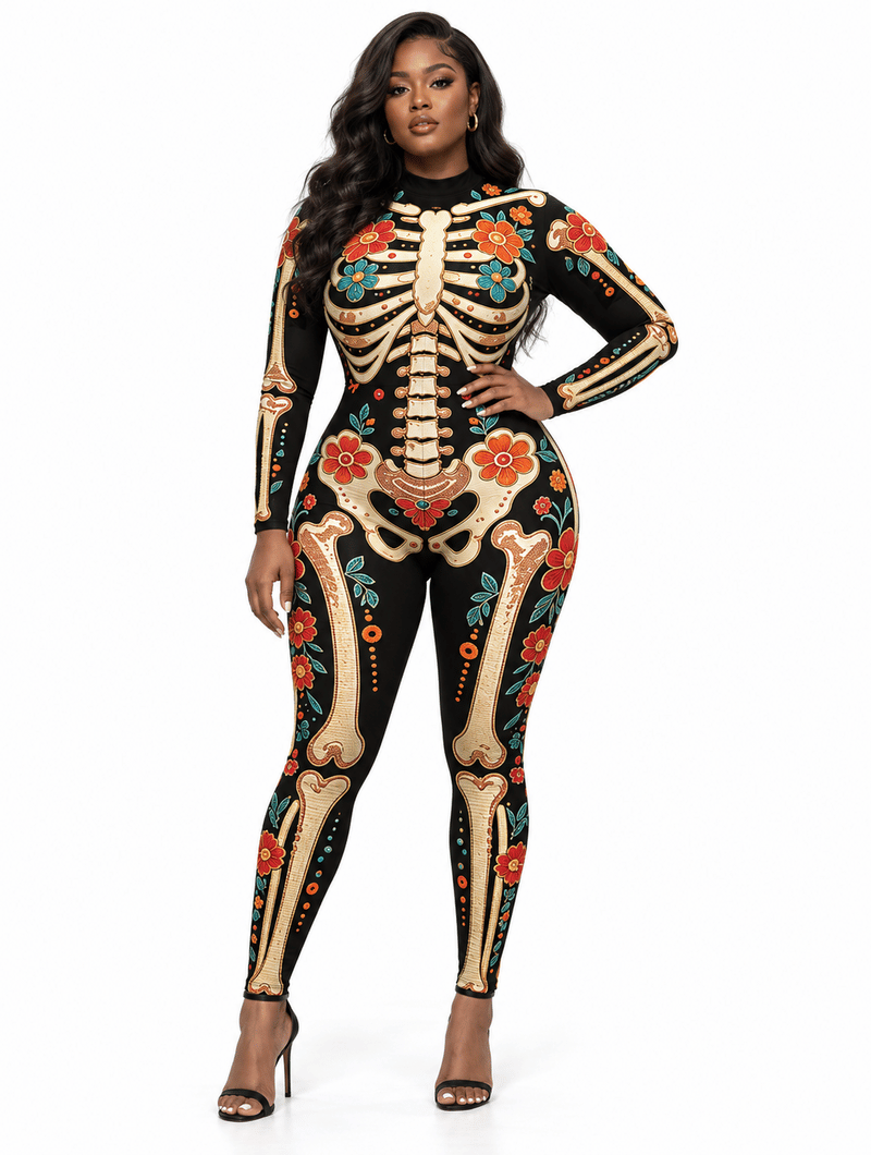 Fitted Jumpsuit with Floral and Skeleton Print for Women