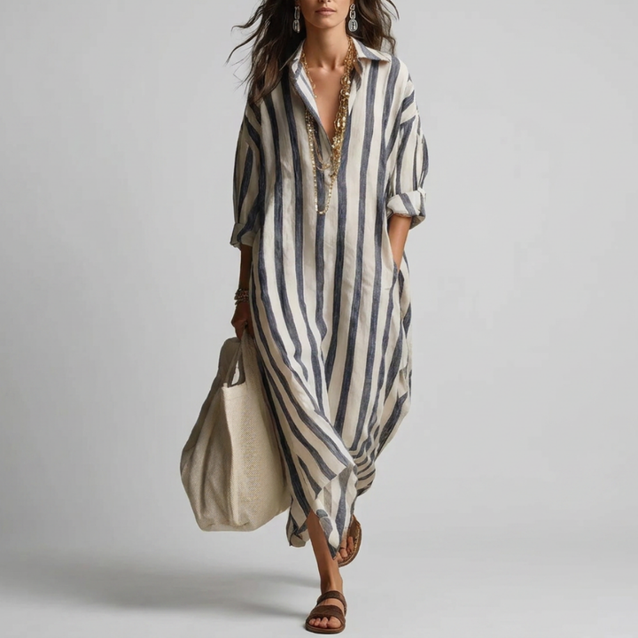 Relaxed striped linen maxi dress with a collar and long sleeves for women