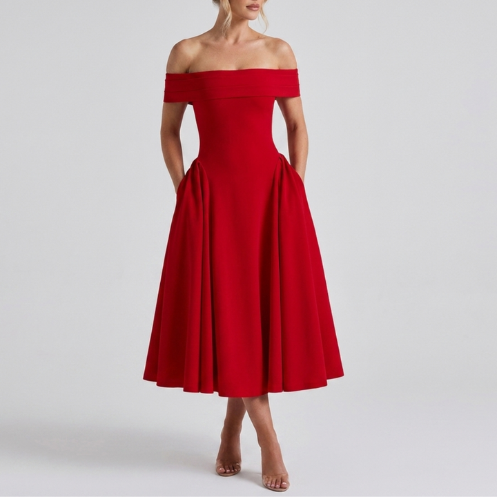 Midi dress with bare shoulders and a flared skirt for women