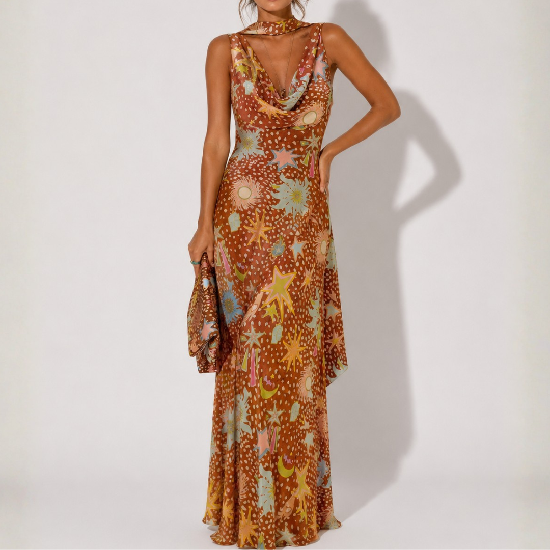 Halter dress with a draped neckline and brown fawn print for women