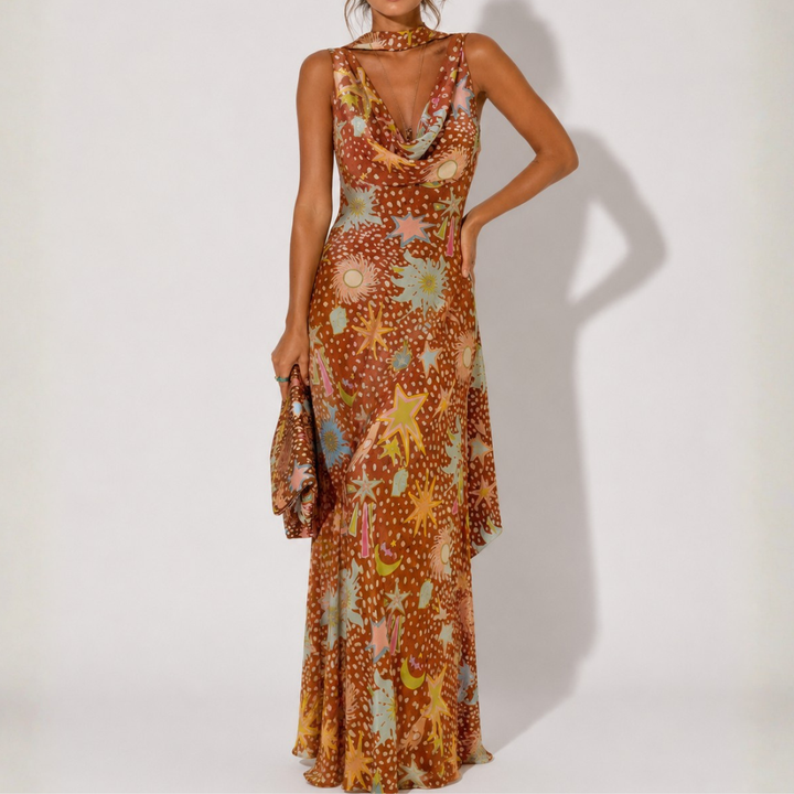 Halter dress with a draped neckline and brown fawn print for women