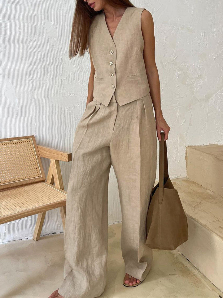 V-neck Pleated Top and Wide-Leg Pants Set for Women