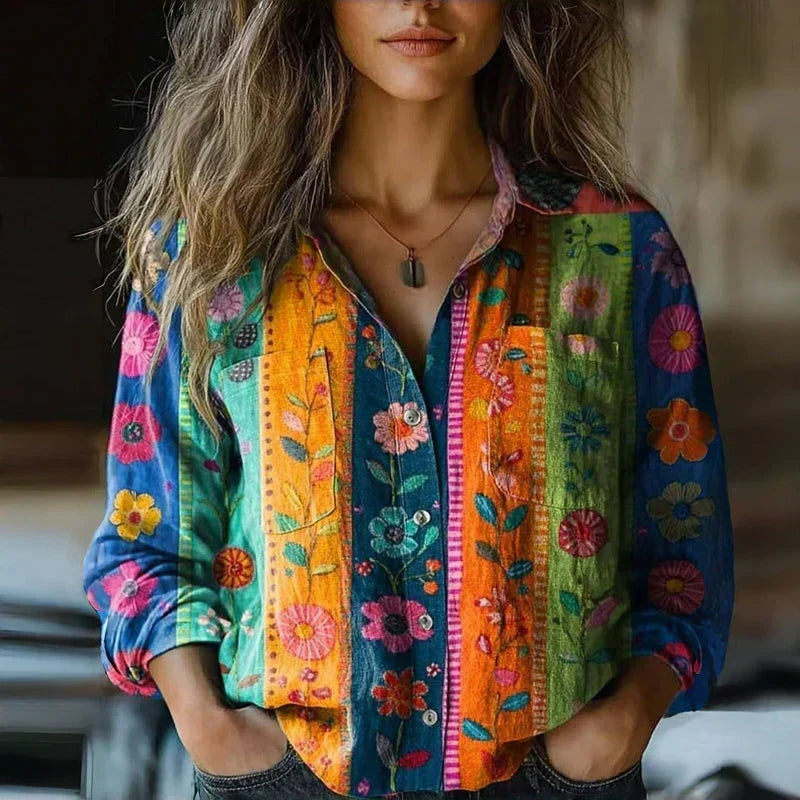 Dame langærmet bluse med krave og blomsterprint