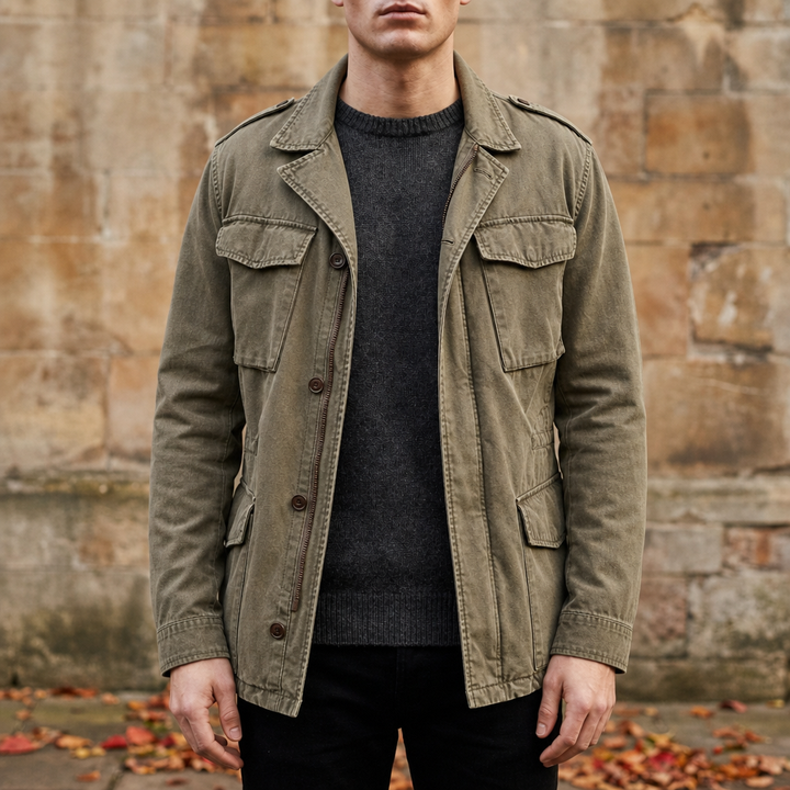 Quilted men's jacket with a high collar