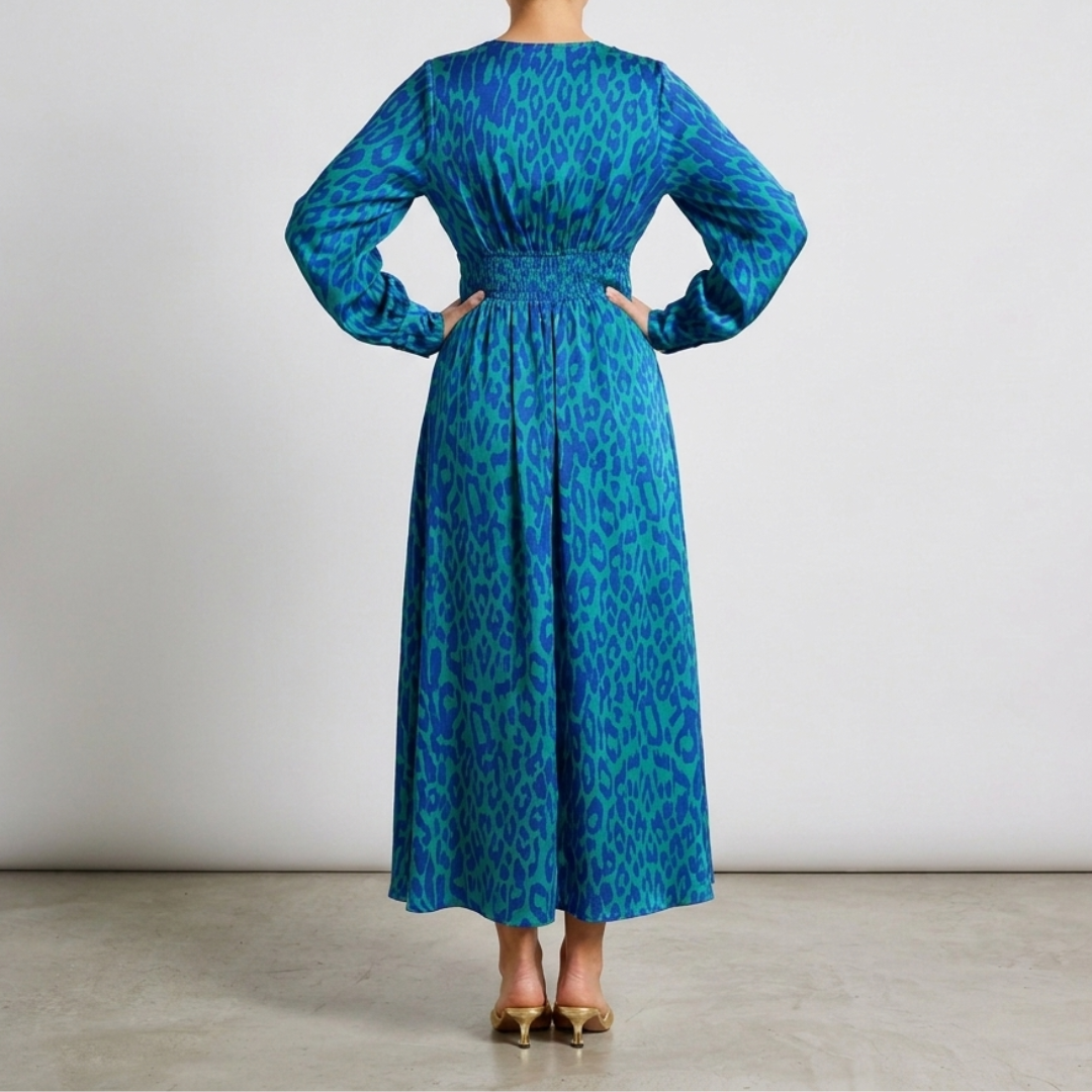 Satin midaxi dress with leopard print for women