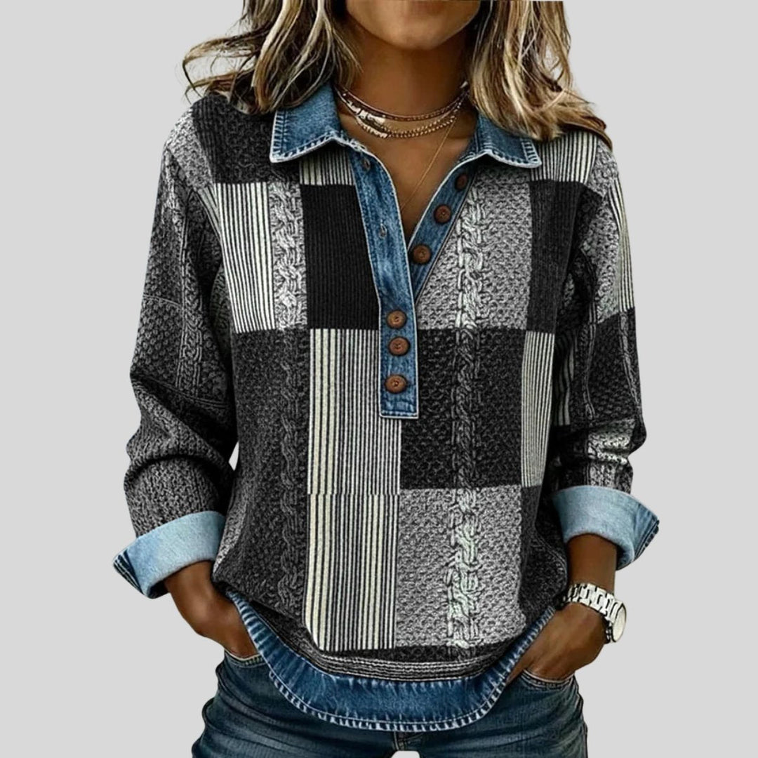 Women's top with collar and patchwork details