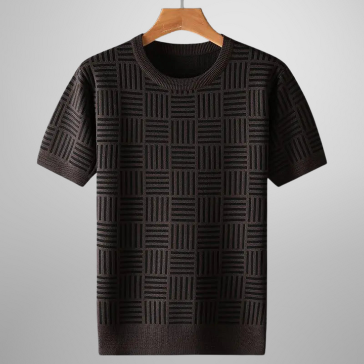 Women's Knitted Geometric Pattern T-Shirt with Crew Neck