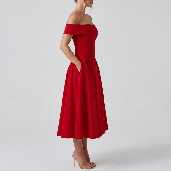 Midi dress with bare shoulders and a flared skirt for women
