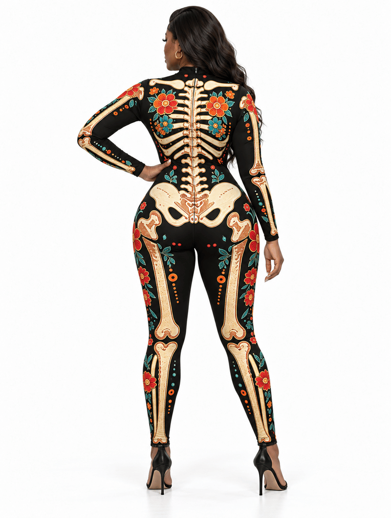 Fitted Jumpsuit with Floral and Skeleton Print for Women