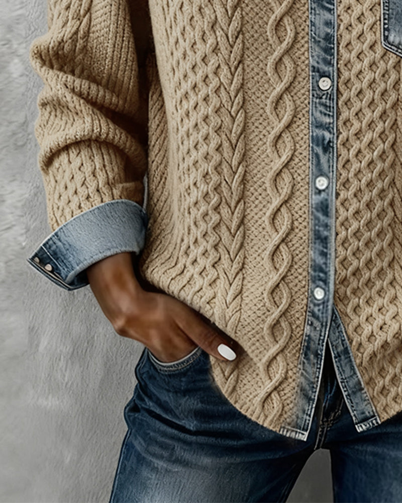 Long-sleeved shirt with denim patchwork