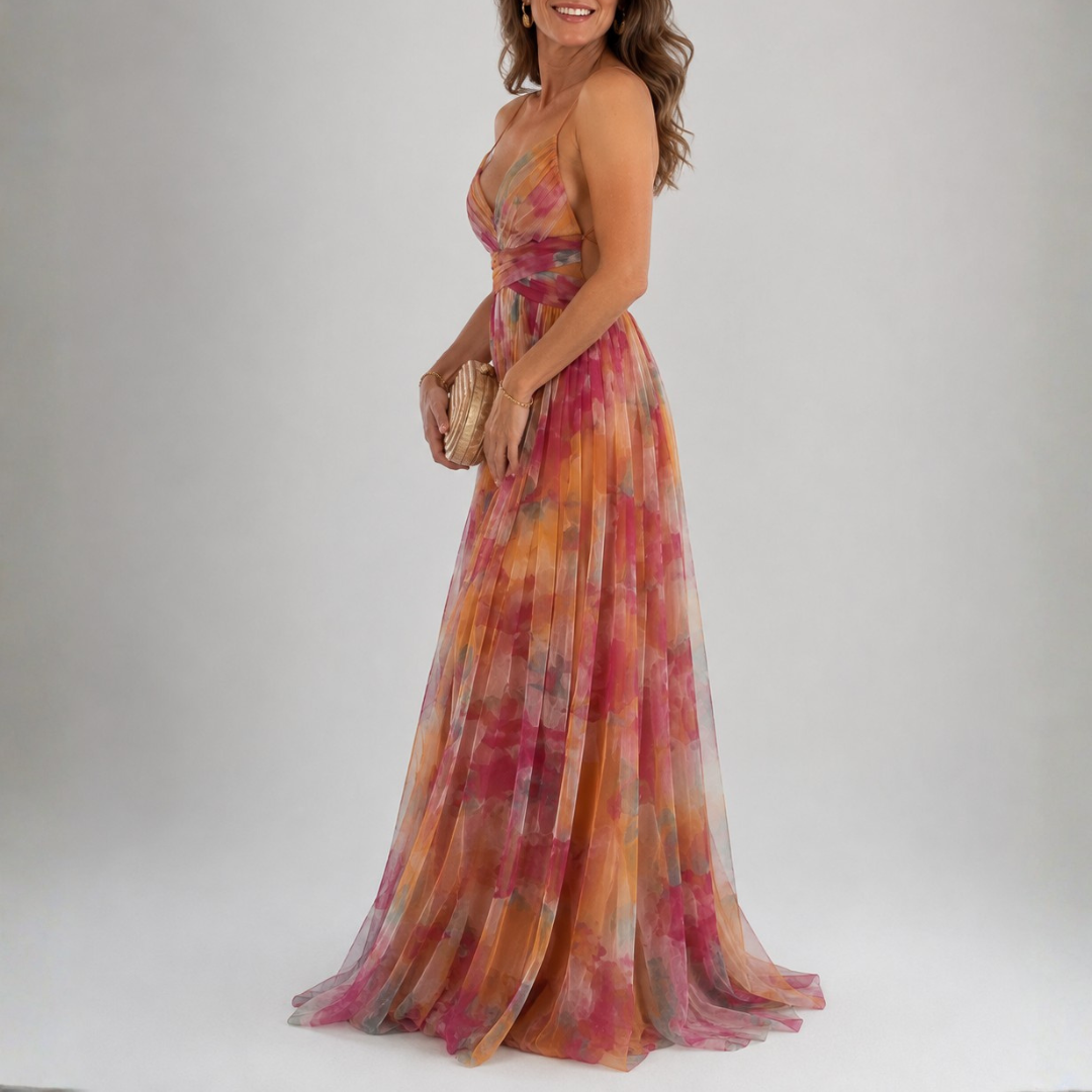 Flerfarvet maxikjole med tynde stropper og V-udskæring til kvinder