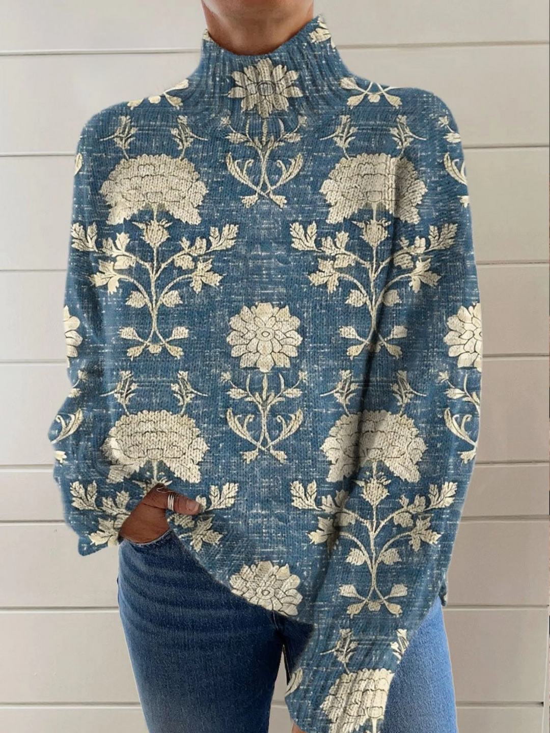 Blomstret Turtleneck Striksweater til Kvinder