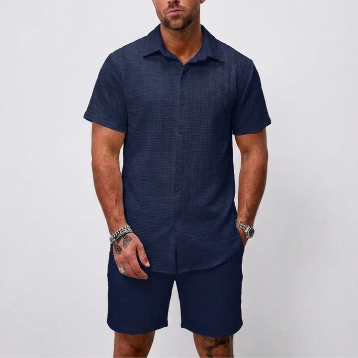 Two-piece jacquard set with a short-sleeved shirt and shorts for men