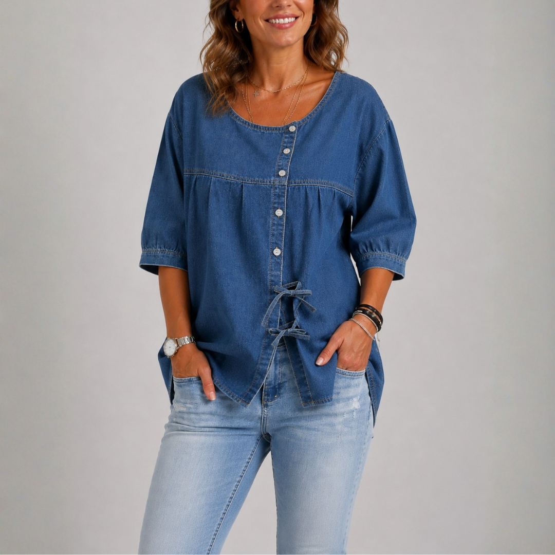 Løs denimbluse i vintagestil til kvinder