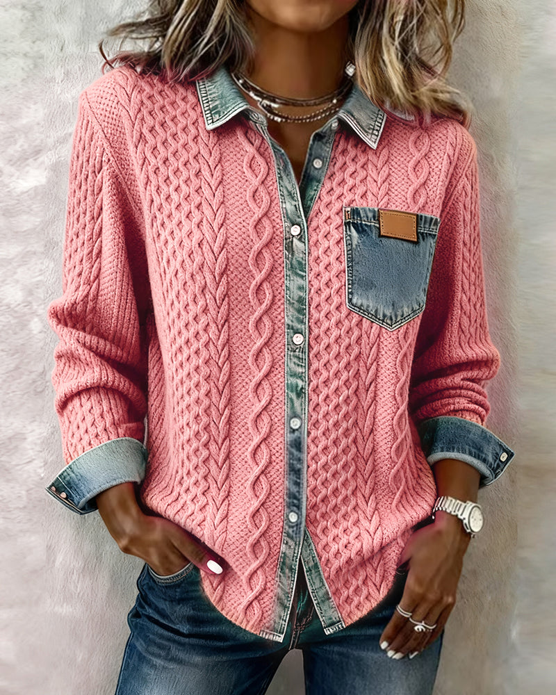 Long-sleeved shirt with denim patchwork