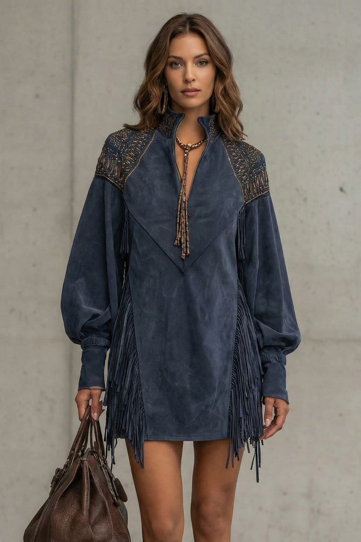 Women's Mini Dress with Embroidery and Fringe Details