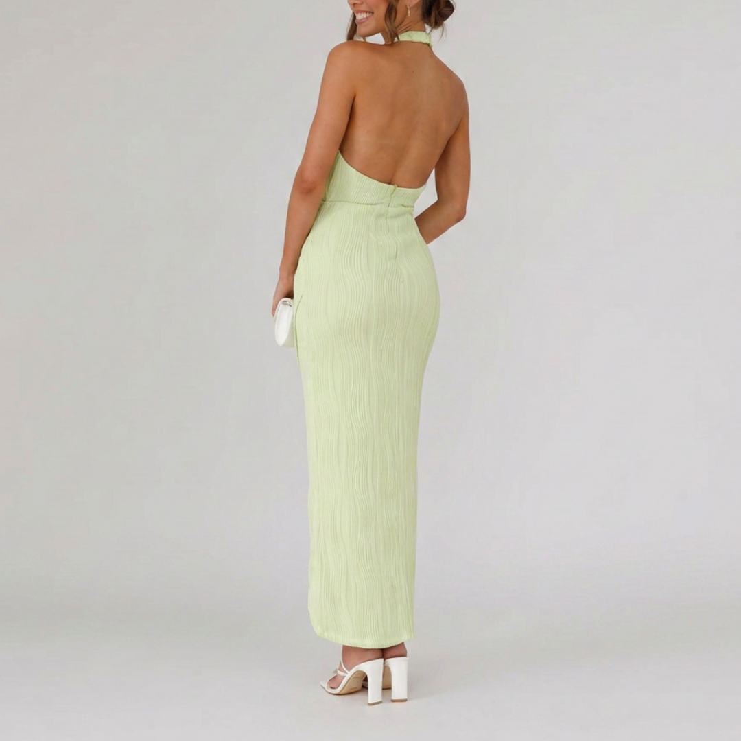 Pleated asymmetrical halter-neck dress for women