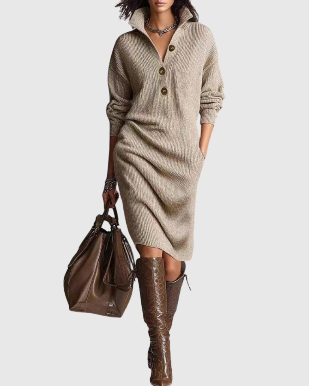 Knitted Midi Dress with Long Sleeves for Women