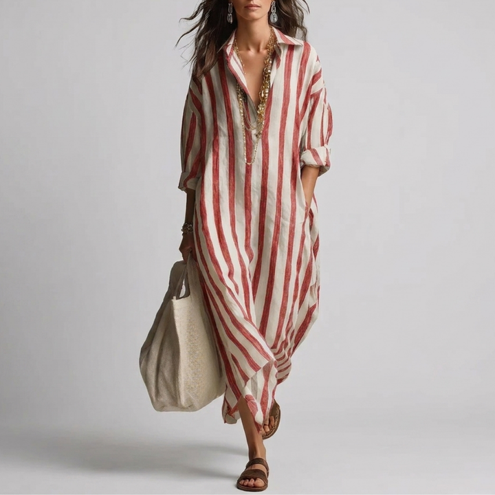 Relaxed striped linen maxi dress with a collar and long sleeves for women