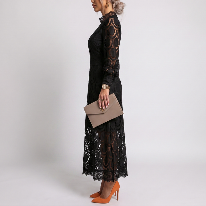 Women's summer lace dress with puff sleeves and a high neckline