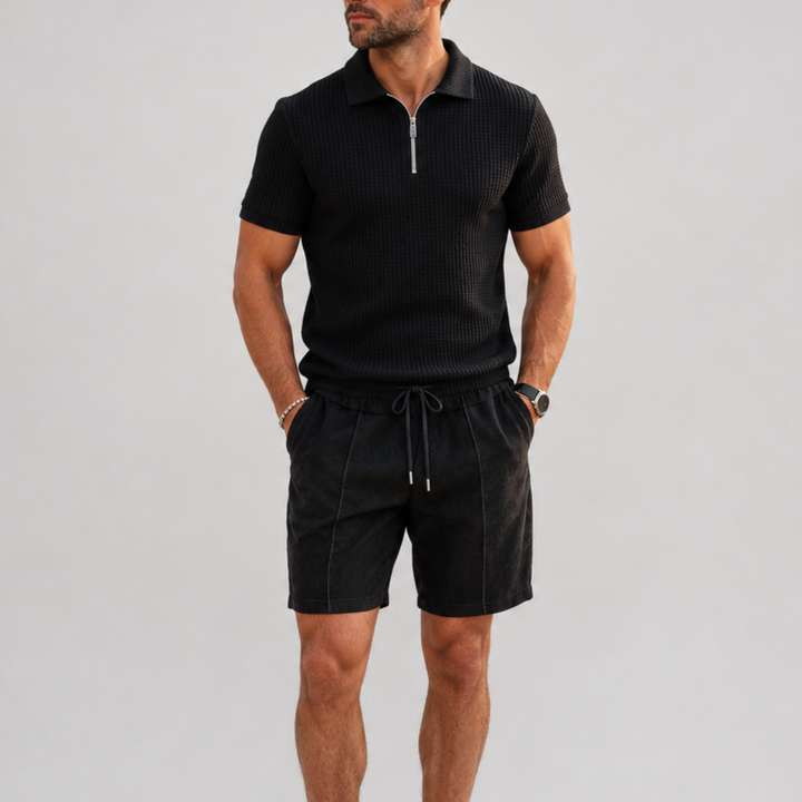 Textured polo shirt with zipper and shorts set for men