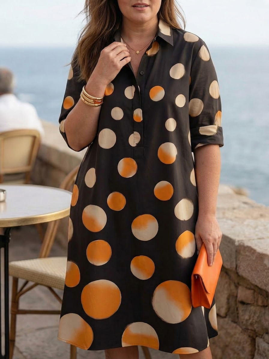 Knee-length polka-dot dress with collared neckline and side pockets for women