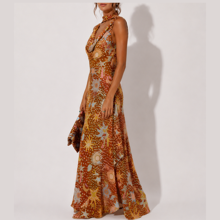 Halter dress with a draped neckline and brown fawn print for women