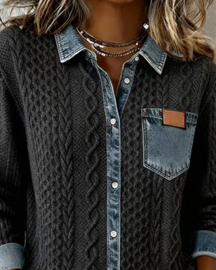 Long-sleeved shirt with denim patchwork