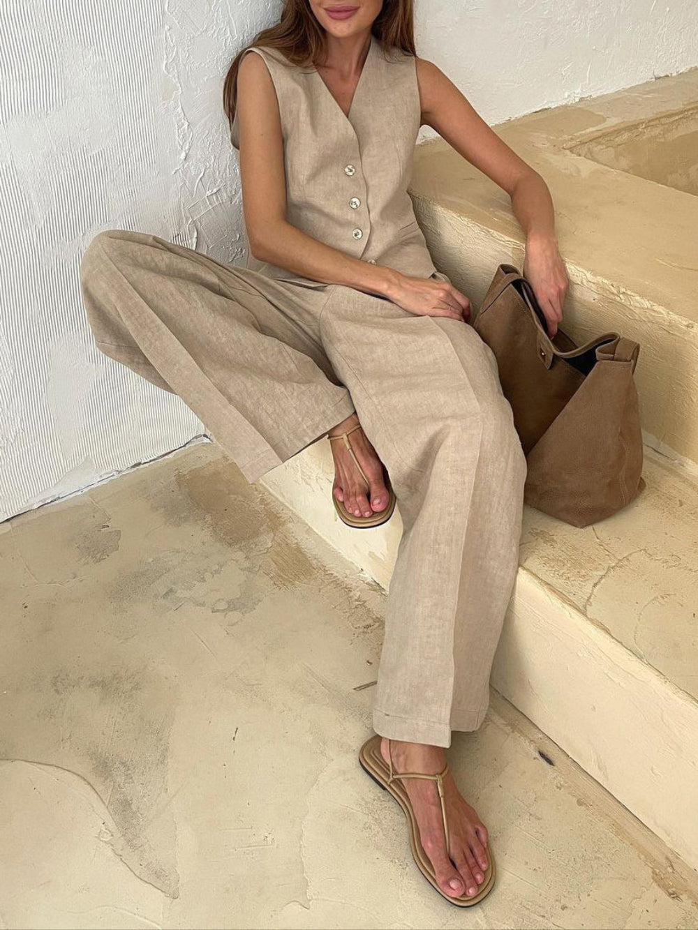 V-neck Pleated Top and Wide-Leg Pants Set for Women