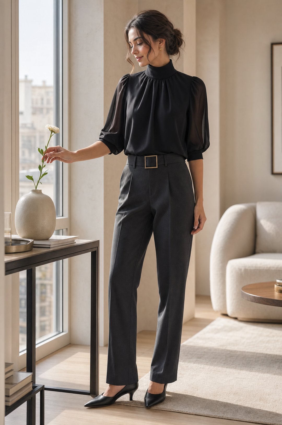 Chiffon Bluse med Pufærmer til Kvinder