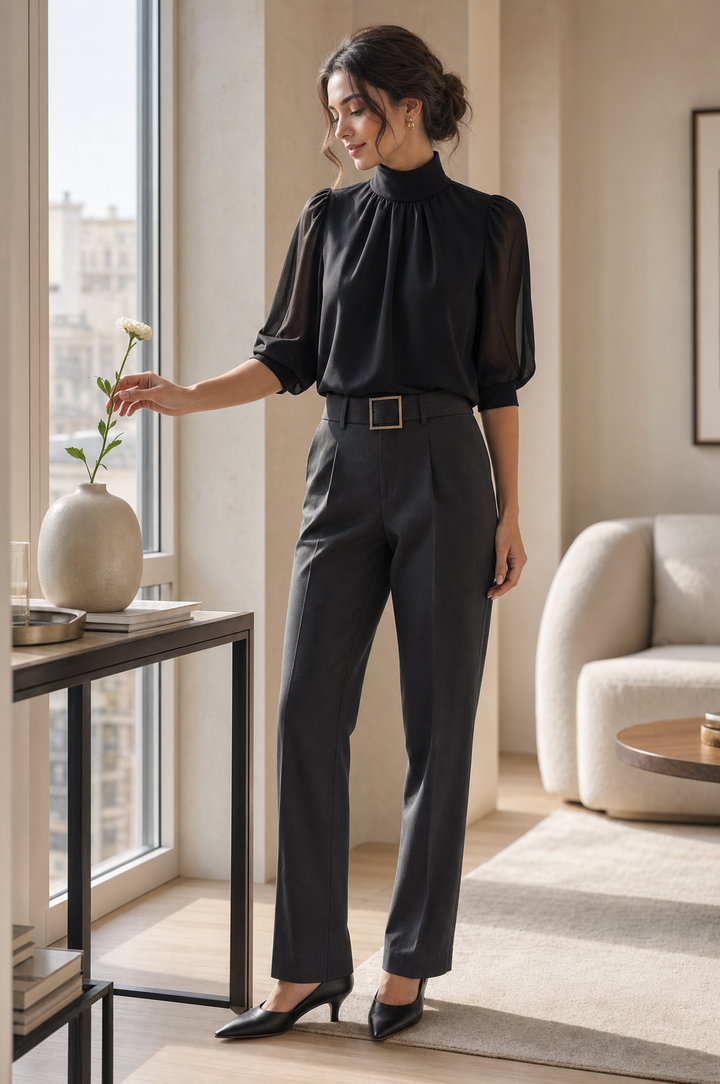 Chiffon Bluse med Pufærmer til Kvinder