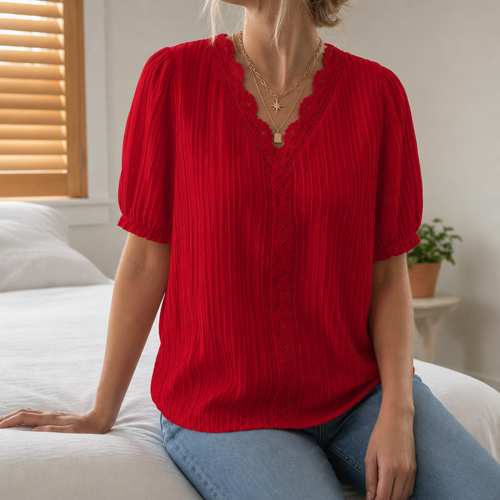 Women's V-neck blouse with lace trim