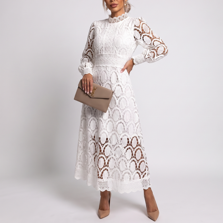 Women's summer lace dress with puff sleeves and a high neckline