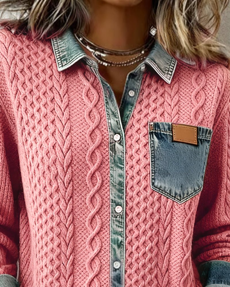 Long-sleeved shirt with denim patchwork