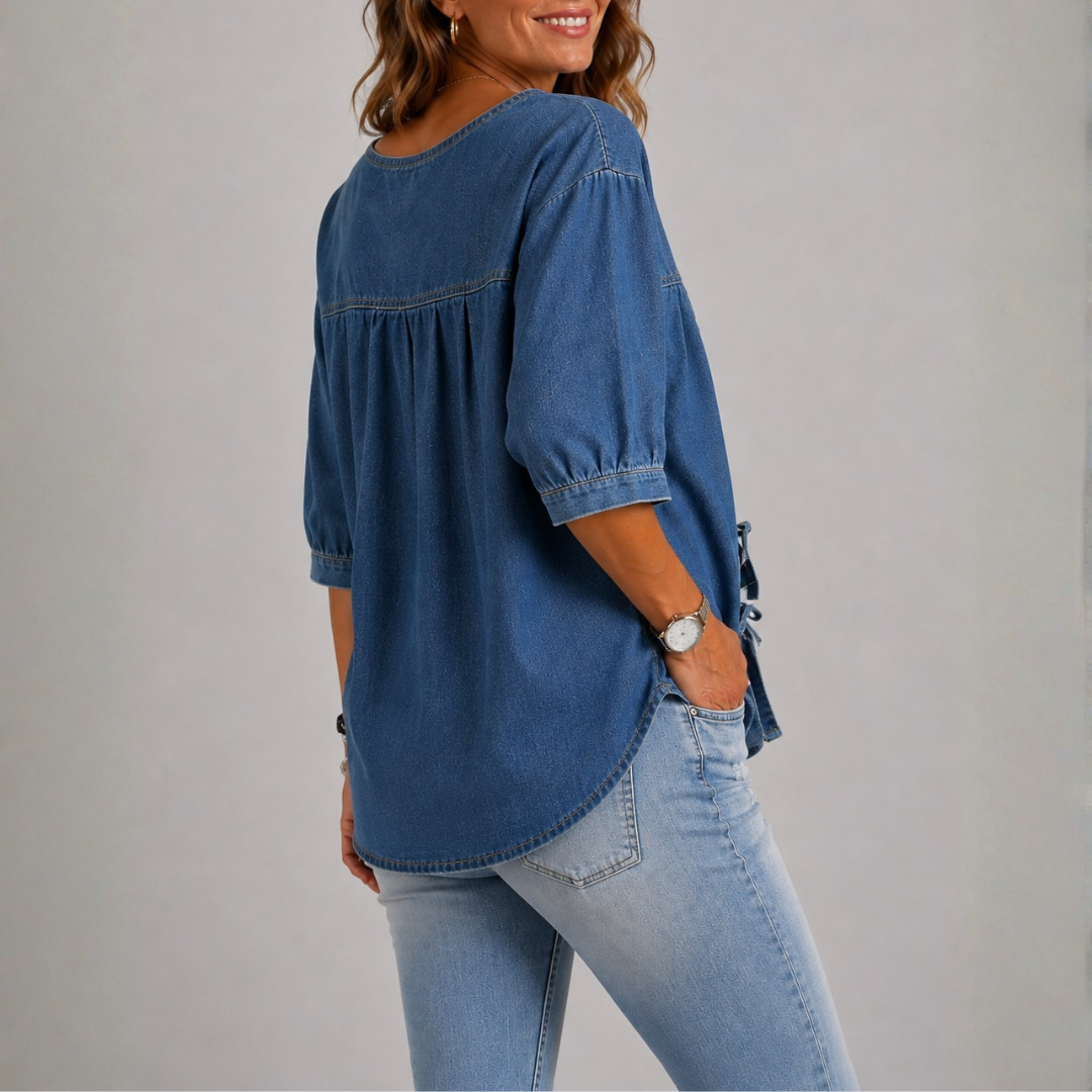 Løs denimbluse i vintagestil til kvinder