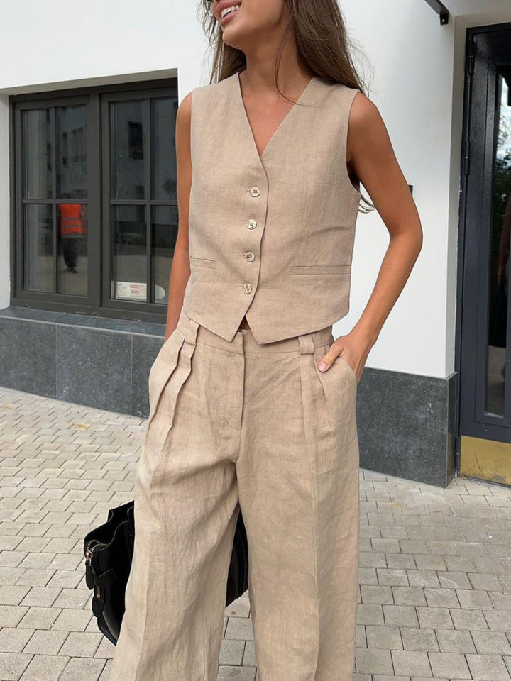 V-neck Pleated Top and Wide-Leg Pants Set for Women