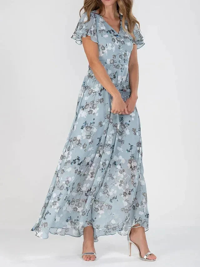 Blomstret Maxikjole Med V-hals