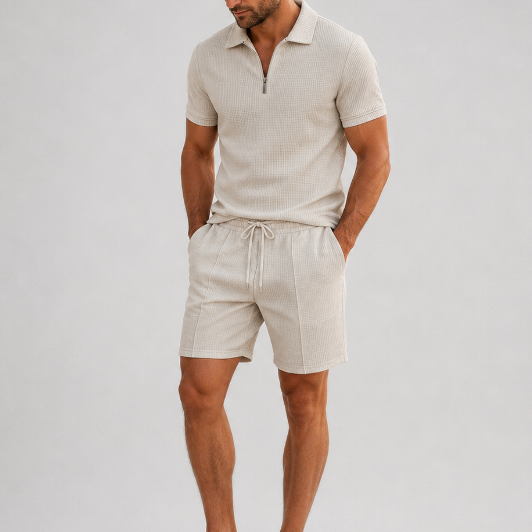 Textured polo shirt with zipper and shorts set for men