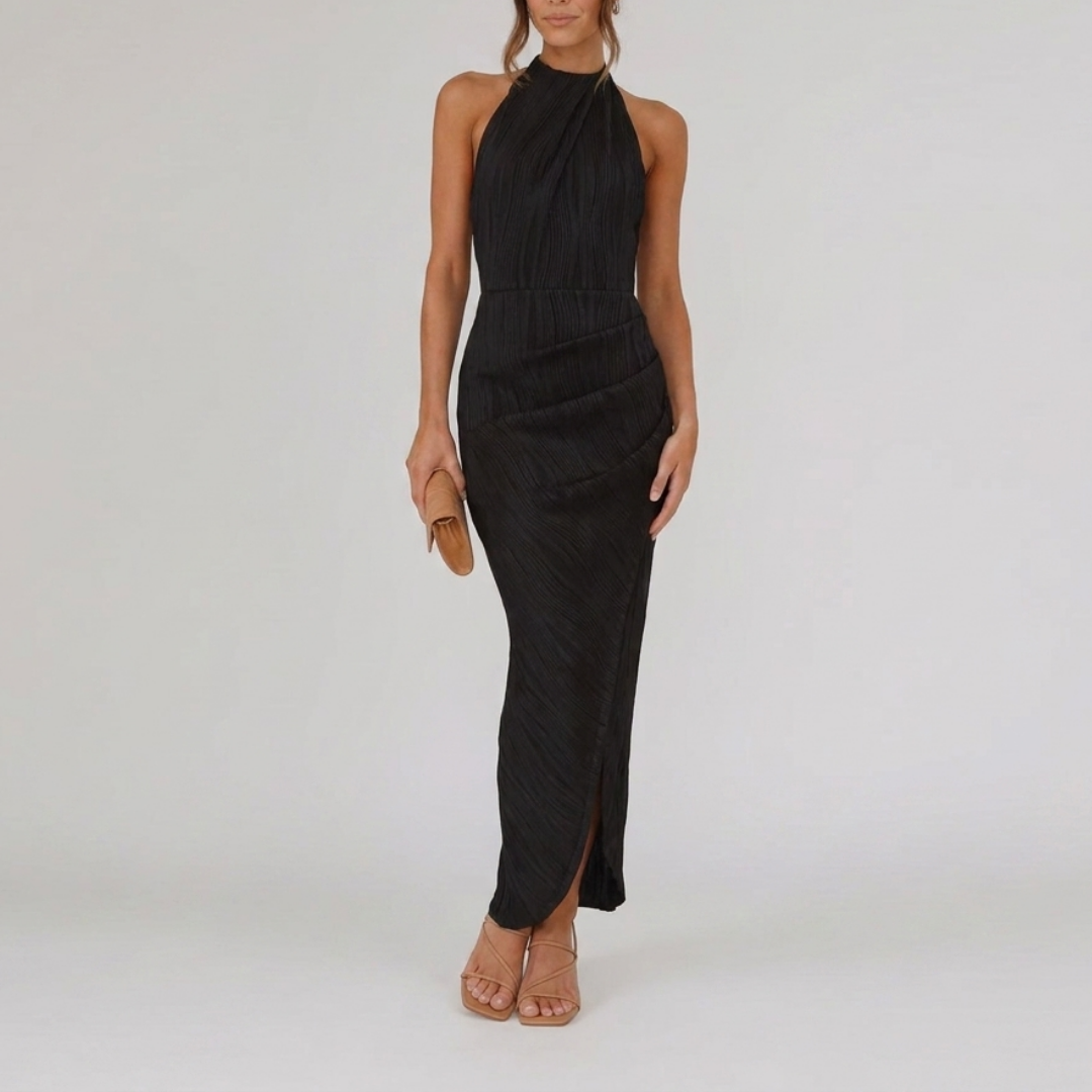 Pleated asymmetrical halter-neck dress for women